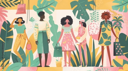 vector illustrated african american and asian women and men characters on first day of spring shopping for clothes shopping for plants, organic shapes, pastel pink green and yellow color scheme