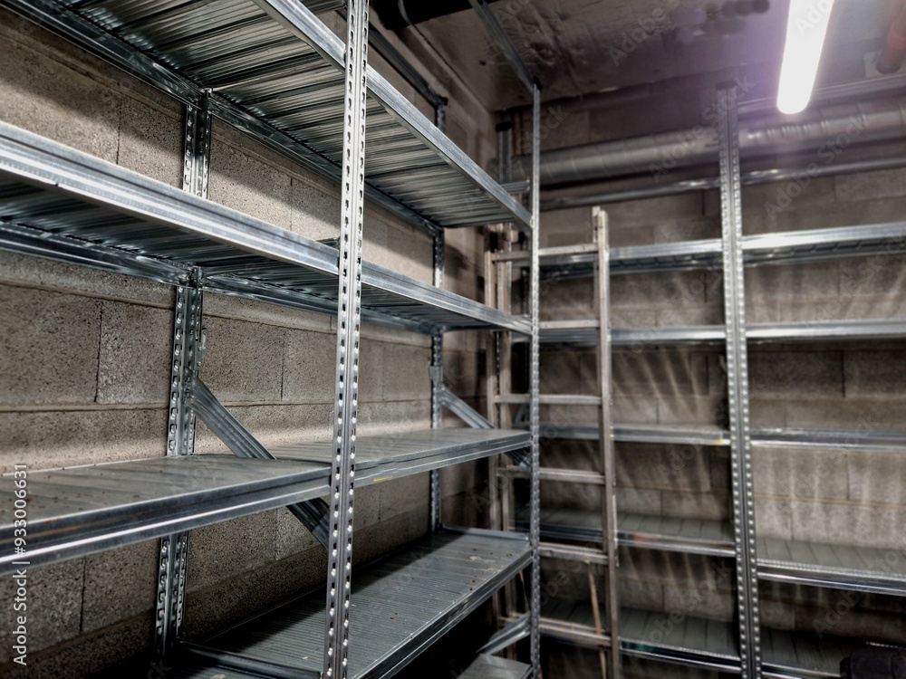 empty white room with gray carpet and shelves along entire wall. metal holders and laminate shelves for document files and storage of things, goods, clothes in dressing room. office, business store, empty white room with gray carpet and shelves along entire wall. metal holders and laminate shelves for document files and storage of things, goods, clothes in dressing room. office, business store,
