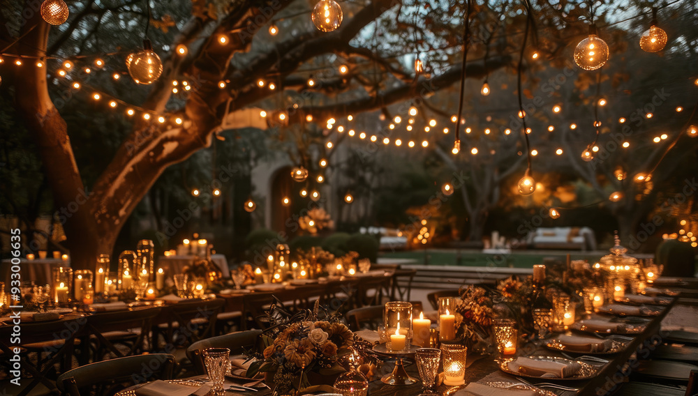 A whimsical night in a backyard in the fall. there is a elegant table scape with lots of candles. There are trees that are lit up with small twinkling lights. the sun is starting to go. Generative AI. A whimsical night in a backyard in the fall. there is a elegant table scape with lots of candles. There are trees that are lit up with small twinkling lights. the sun is starting to go. Generative AI.
