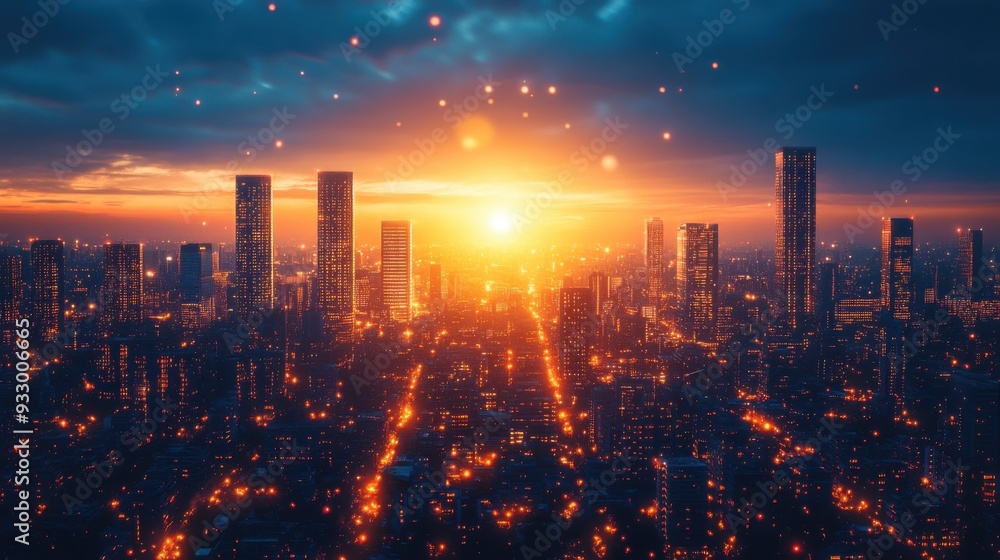 Fototapeta premium A vibrant city skyline at sunset, illuminated by city lights.