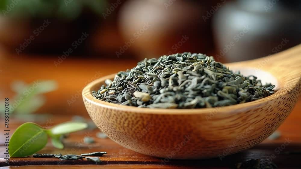 The Dried green tea leaves rest in a wooden spoon on a wooden surface. The Dried green tea leaves rest in a wooden spoon on a wooden surface.