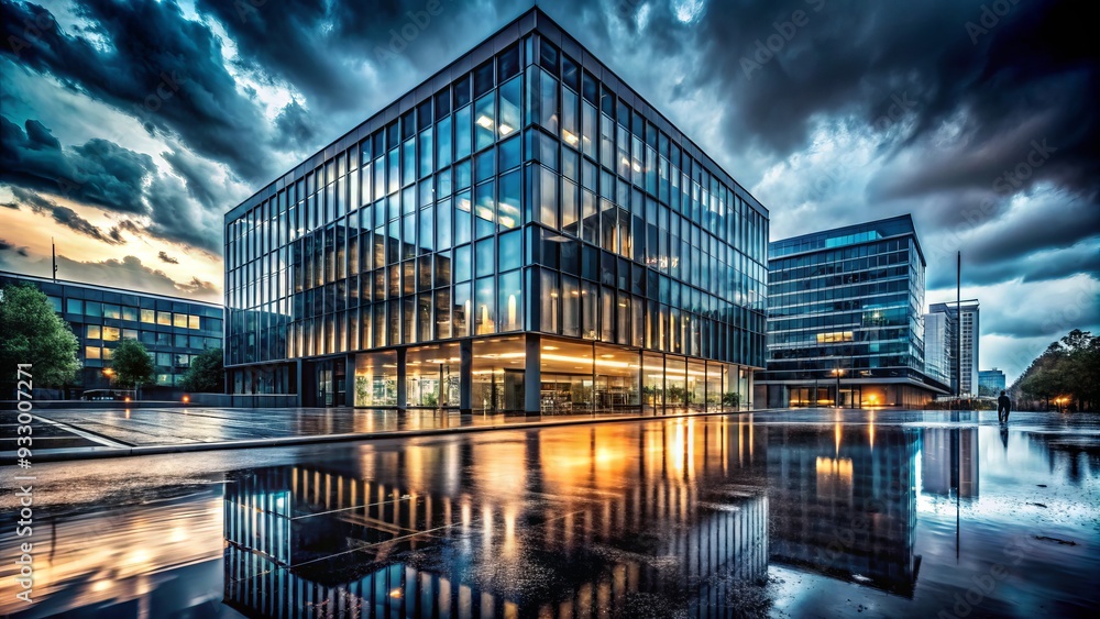 Obraz premium Glass office building modernist architecture urban landscape cityscape rainy day moody atmospheric dramatic high contrast monochromatic tones long exposure photography
