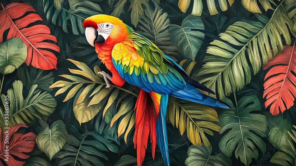 Obraz premium Vibrant parrot in tropical jungle, lush foliage, exotic and colorful, watercolor style, bold greens and reds