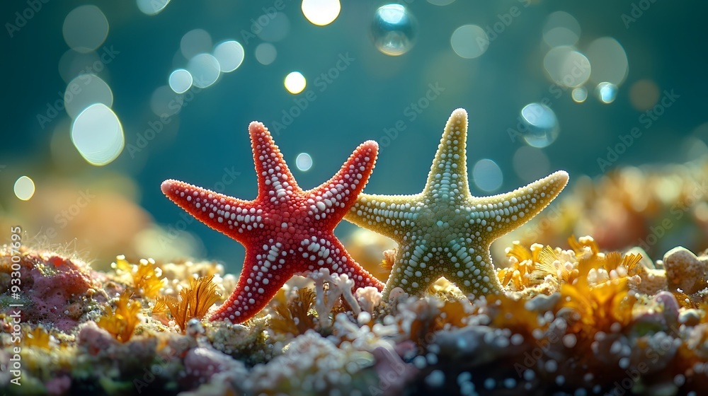 Red and Green Starfish on Coral Reef. Red and Green Starfish on Coral Reef.