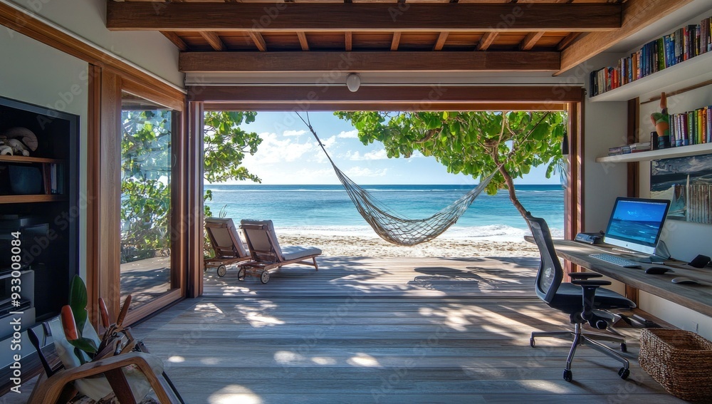 Fototapeta premium Beachfront office with a hammock and a computer.