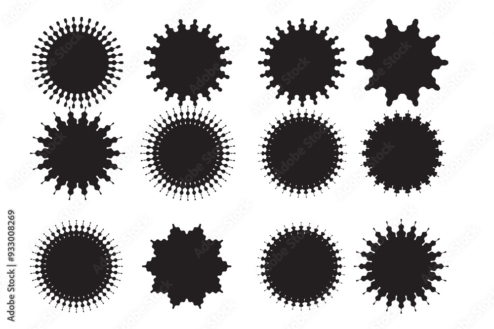 Sunburst sticker shapes. Rounded starburst zigzag badge, spiky oval, circle and star shaped price tag, discount and sale label stickers. Sunburst sticker shapes. Rounded starburst zigzag badge, spiky oval, circle and star shaped price tag, discount and sale label stickers.
