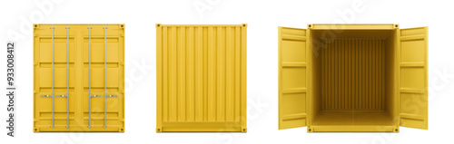 Realistic 3d yellow container for cargo shipping. Vector illustration set of closed and open empty long industrial box for storage and shipment. Intermodal freight transport logistic package mockup.