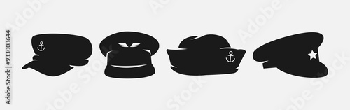 Set silhouettes of sailor, pilot, pilot hat. Icon, logo on white background. Vector illustration.
