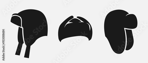 Set silhouettes of winter hat, trapper earflaps, ushanka. Icon, logo on white background. Colored vector illustration.