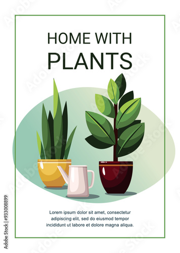 Plants in flowerpots and watering can. Greeting card.