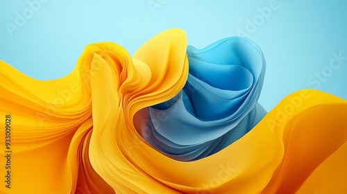 Colorful abstract composition featuring flowing shapes in blue and yellow tones