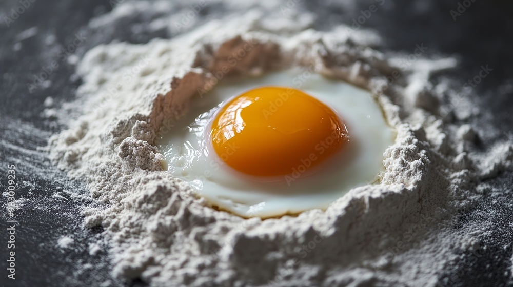 Baking ingredients featuring a broken egg in a bed of flour. Baking ingredients featuring a broken egg in a bed of flour.