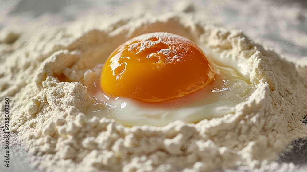 Baking ingredients featuring a broken egg in a bed of flour. Baking ingredients featuring a broken egg in a bed of flour.