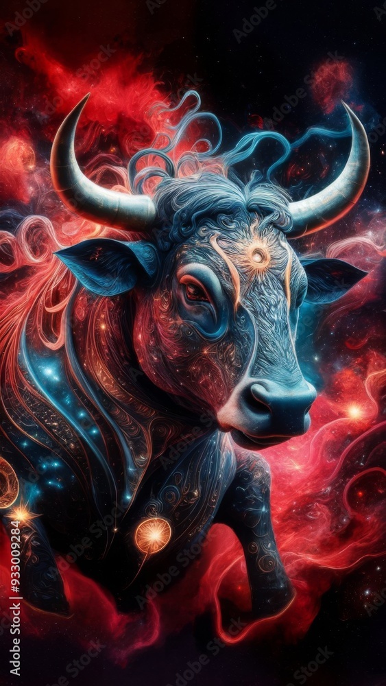Cosmic Portrait of a Bull with Swirling Nebula Background in Space, Symbolizing Strength and Celestial Power in a Mystical Fantasy Setting, Taurus Cosmic Portrait of a Bull with Swirling Nebula Background in Space, Symbolizing Strength and Celestial Power in a Mystical Fantasy Setting, Taurus