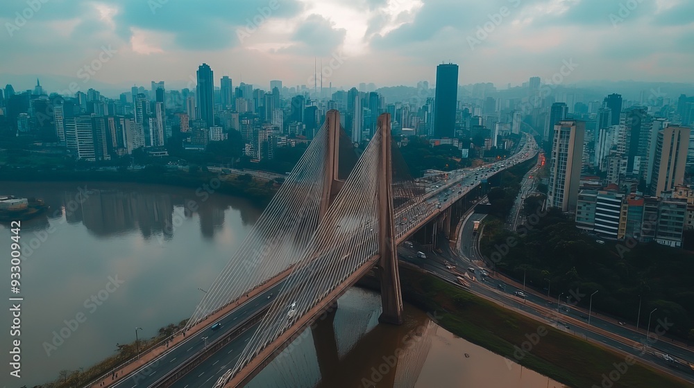Obraz premium A drone image of a famous bridge in São Paulo, an iconic landmark of the city.