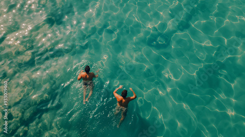 An aerial shot beautifully captures two swimmers relishing every moment while enjoying a sunny day in the pristine turquoise waters, perfectly embodying the essence of summer relaxation and pure joy