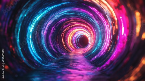 Colorful neon tunnel with vibrant lights at night