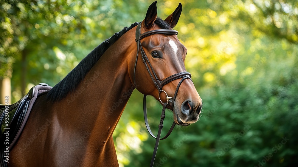 Obraz premium A portrait of a Holstein bay horse set against a lush green woods background. 