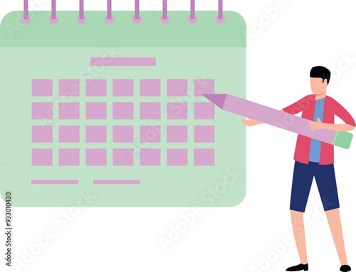 The boy is making a schedule on the calendar.