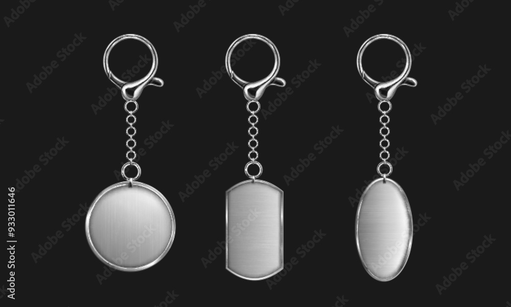 Silver keychain with ring mockup for branding. Realistic vector illustration set of blank grey metal key holder template. Chrome trinket souvenir badge of round rectangle and oval shape. Silver keychain with ring mockup for branding. Realistic vector illustration set of blank grey metal key holder template. Chrome trinket souvenir badge of round rectangle and oval shape.