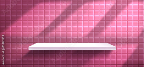 White shelf on pink tiled wall background. Vector realistic illustration of bathroom or kitchen interior design, cosmetic product presentation display, sunlight on mosaic backdrop, modern showroom