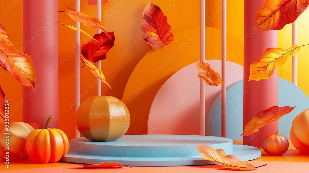 Pumpkin on a blue podium with falling autumn leaves, perfect for halloween and thanksgiving. Ideal for product displays and branding across websites and social media. Backdrop with copy space Pumpkin on a blue podium with falling autumn leaves, perfect for halloween and thanksgiving. Ideal for product displays and branding across websites and social media. Backdrop with copy space