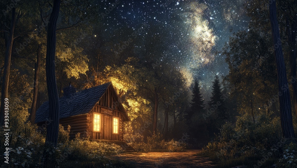Cabin lit by fireflies in a dark forest under a Cabin lit by fireflies in a dark forest under a