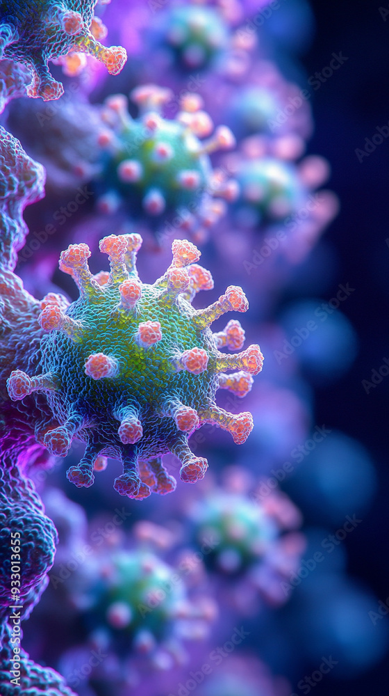 close-up of a virus under a microscope, highlighting its unique structure. The image reveals a group of round, green viral particles with a bluish outer layer, set against a vivid purple background. close-up of a virus under a microscope, highlighting its unique structure. The image reveals a group of round, green viral particles with a bluish outer layer, set against a vivid purple background.