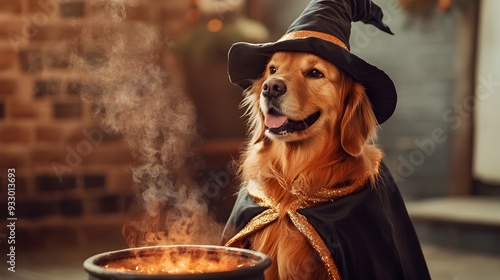 A whimsical and fantastical scene of a Golden Retriever wearing a wizard s hat and cape sitting by a bubbling cauldron and brewing a magical potion photo