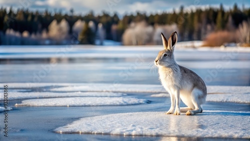 lonely snowshoe hare on frozen lake with broken ice and austere winter landscape photo