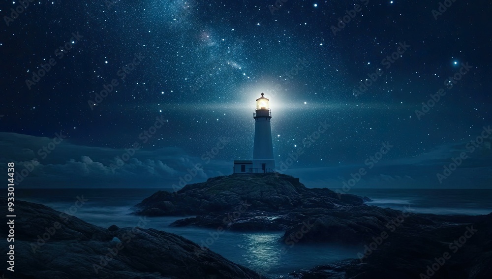 Lighthouse on rocky coast under starry sky. Lighthouse on rocky coast under starry sky.