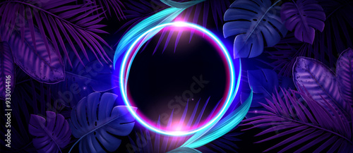 Summer party dark purple and blue banner template with tropic leaves and neon glow circle frame. Realistic vector bright background with exotic tropical plant foliage and fluorescent round border.