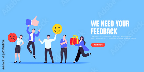 Employee feedback work satisfaction survey business concept flat vector illustration. Employee or customer feedback rating opinion with people and social icons - thumb, smile emoji, stars and heart.