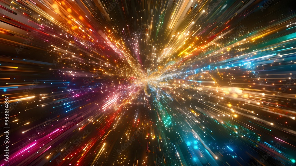 Fototapeta premium A vibrant and dynamic explosion of colorful light particles radiating outward in a mesmerizing display