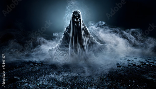 Hooded ghostly figure in misty fog with skeletal face