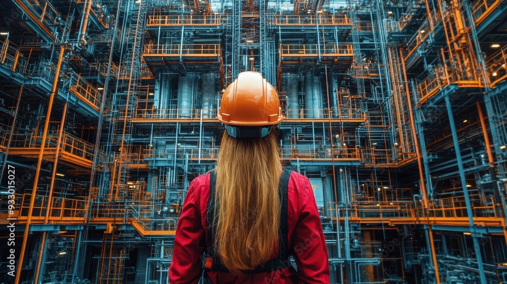 A worker in a helmet observing an industrial facility's structure. A worker in a helmet observing an industrial facility's structure.