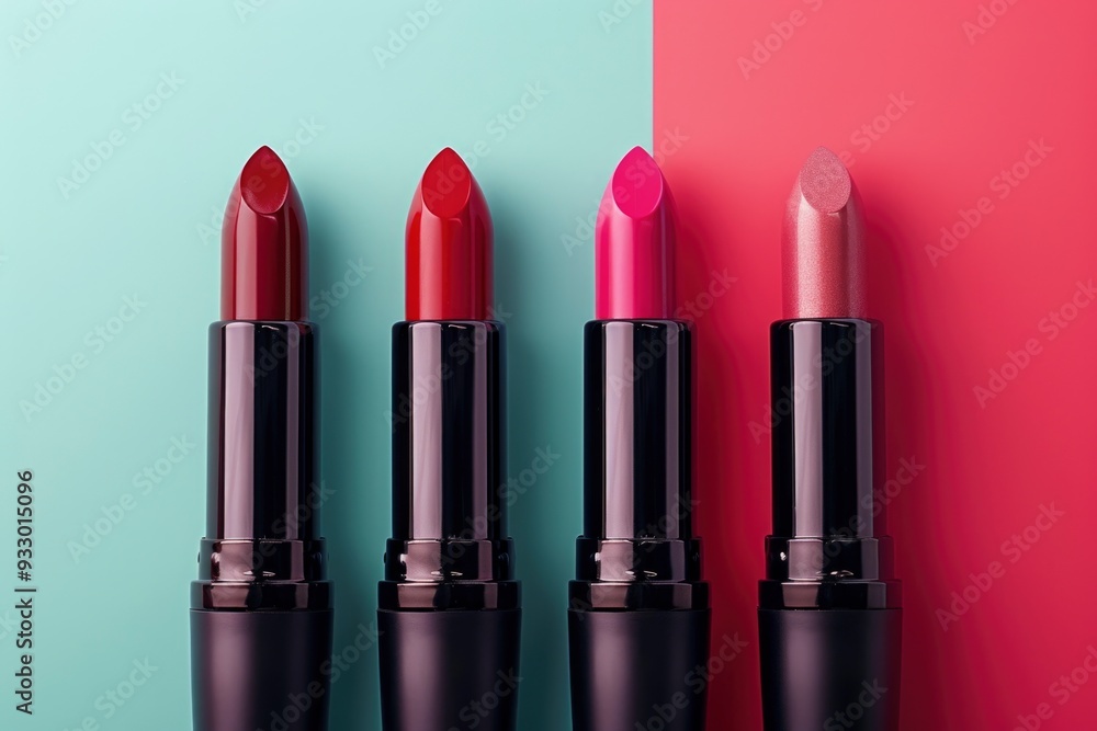 Four lipsticks in black tubes, placed on a background with color separation: one side is blue, the other is pink. The lipsticks have different shades from dark red to hot pink, Four lipsticks in black tubes, placed on a background with color separation: one side is blue, the other is pink. The lipsticks have different shades from dark red to hot pink,