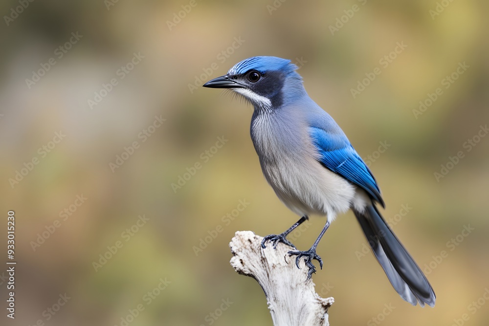 Fototapeta premium California scrub jay bird blurry nature background, Ai Generated