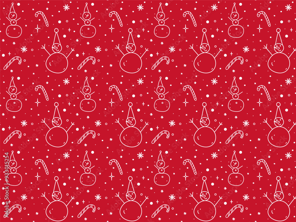 Hand drawn snowmen seamless pattern in doodle style on red background. Christmas, New Year, winter vector illustration design for prints, banners, backgrounds, cards, fabrics, wallpapers Hand drawn snowmen seamless pattern in doodle style on red background. Christmas, New Year, winter vector illustration design for prints, banners, backgrounds, cards, fabrics, wallpapers