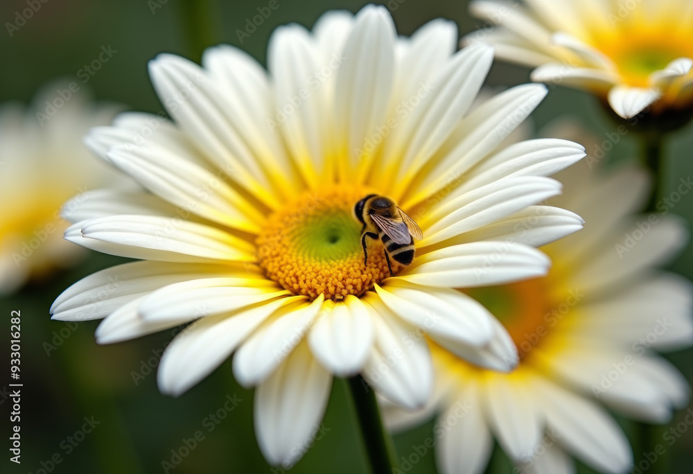 Close-up photo of a bee sitting on a flower of white and yellow gerbera. Close-up photo of a bee sitting on a flower of white and yellow gerbera.