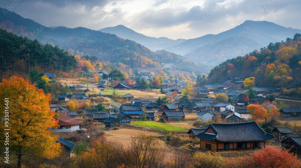 Obraz premium Autumnal Village Nestled in the Mountains