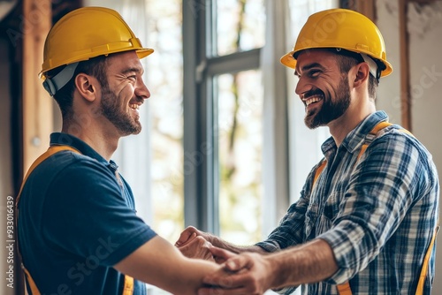 Architect and construction worker shake hands joyfully at house renovation project