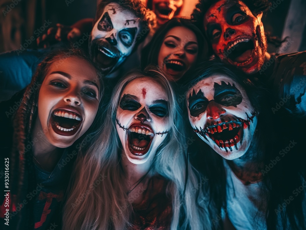 Cheerful multiracial friends in spooky costumes enjoy halloween party fun with holiday decorations Cheerful multiracial friends in spooky costumes enjoy halloween party fun with holiday decorations