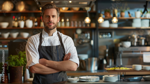 Happy smiling caucasian man restaurant chef receives his customers in his restaurant.