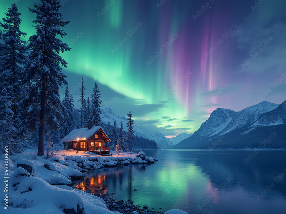 Fototapeta premium A house with northern lights on it natural environment.