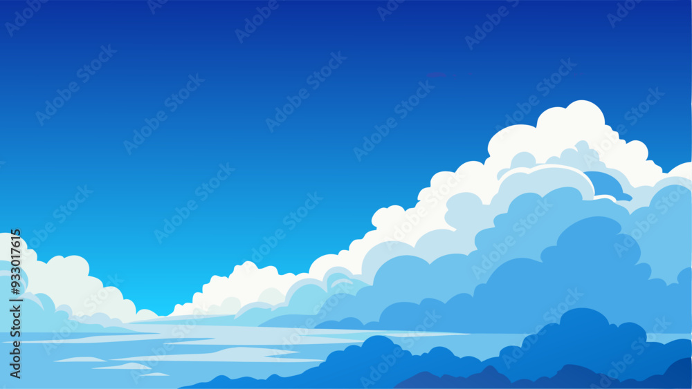 A clear blue sky adorned with fluffy white clouds above a serene body of water A clear blue sky adorned with fluffy white clouds above a serene body of water