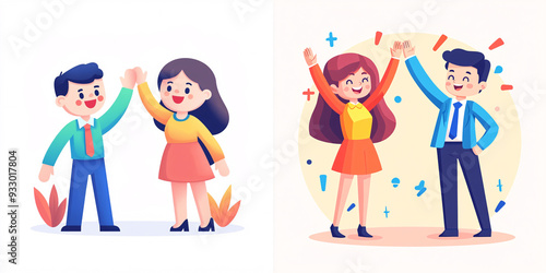 Celebrating Friendship: Colorful Cartoon Characters High-Fiving in Joyful Moments