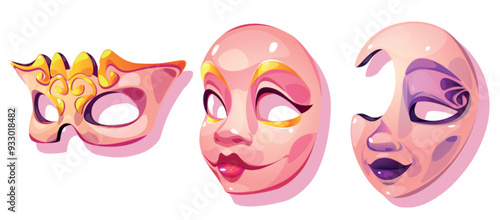 Carnival masks set isolated on white background. Vector cartoon illustration of traditional face decoration for Venice masquerade costume with golden decoration, red or purple lipstick, theater props