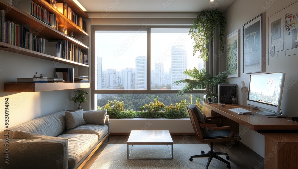 Modern living room with a city view. Modern living room with a city view.