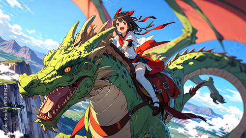 Close up shot of girl riding a dragon in a fantasy world photo